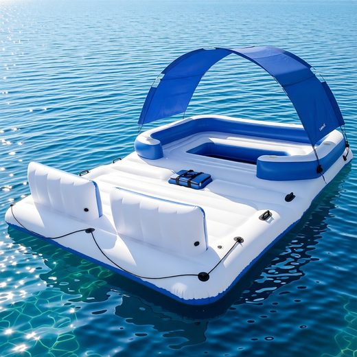 Large inflatable white and blue floating island lounge with a blue sunshade canopy on clear water