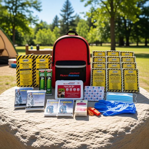 Red 72-hour survival backpack kit with emergency food, ponchos, and medical supplies.