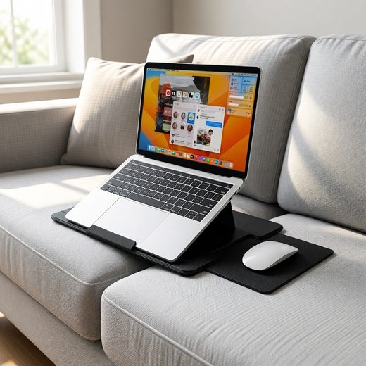Black adjustable lap desk holding an open laptop on a comfortable living room couch.