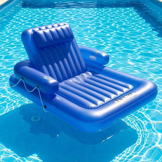 Bright blue inflatable pool lounger with an adjustable backrest floating in a clear swimming pool.