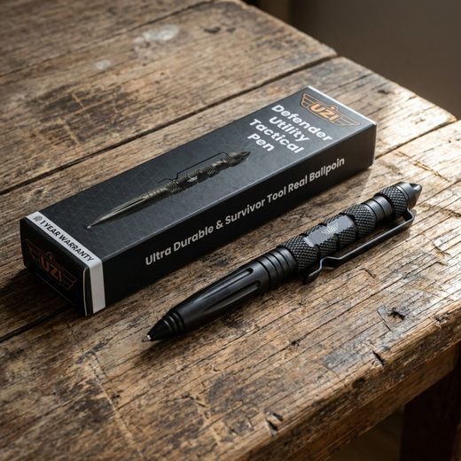 Aircraft aluminum tactical pen with textured grip displayed next to its branded utility box.