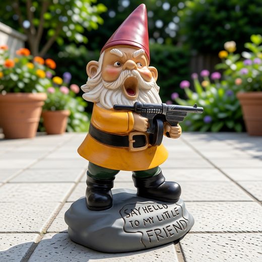 Garden gnome statue with a pistol and a base reading "Say hello to my little friend.