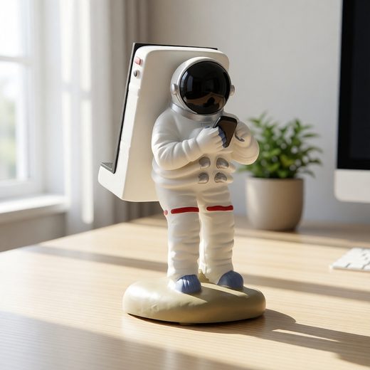 White astronaut figurine holding a smartphone next to a modern angled phone stand on a wooden desk