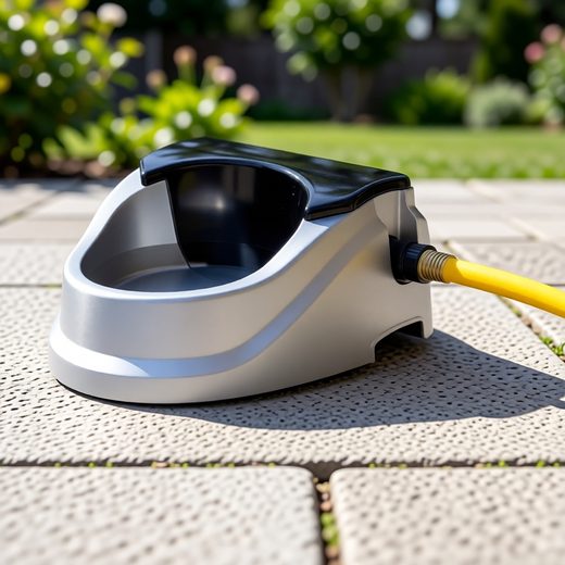 Angular silver pet fountain resting on stone, connected to a bright yellow garden hose.
