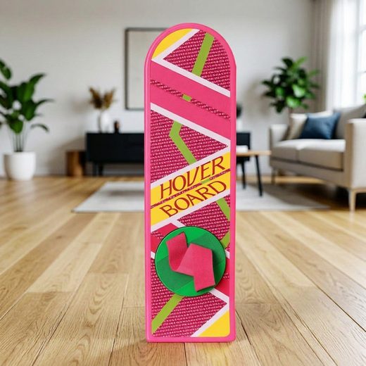 Upright pink and yellow hoverboard replica with retro striped pattern and "Hover Board" text