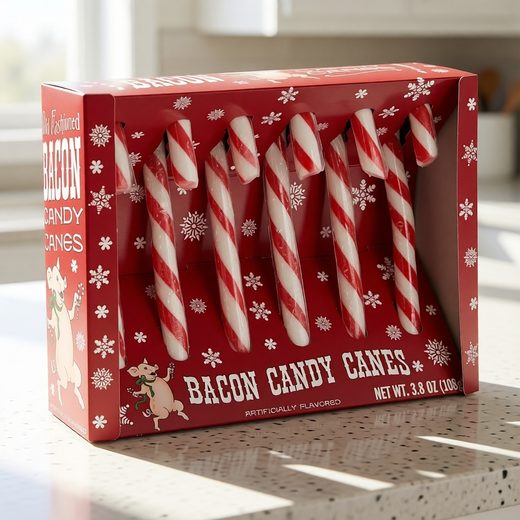 Pack of red and white striped bacon candy canes displayed in a festive red gift box.