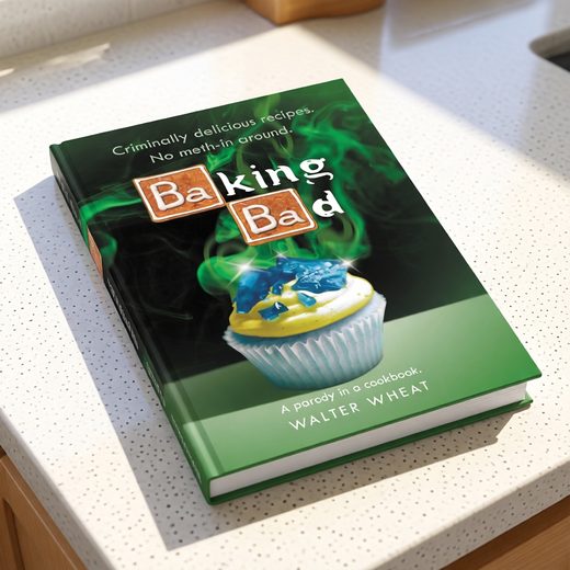 Green parody cookbook cover featuring a cupcake with blue frosting and dramatic smoke.