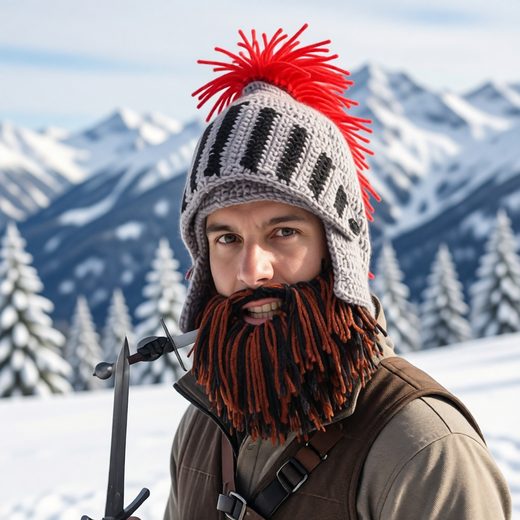 Striped knit beanie featuring a bright red barbarian beard pom-pom worn in a snowy mountain setting.