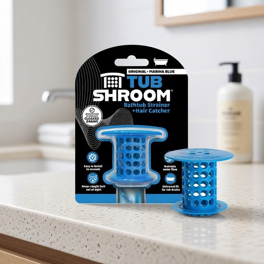 Blue mushroom and circular silicone drain catchers designed to prevent hair clogs in bathtubs.