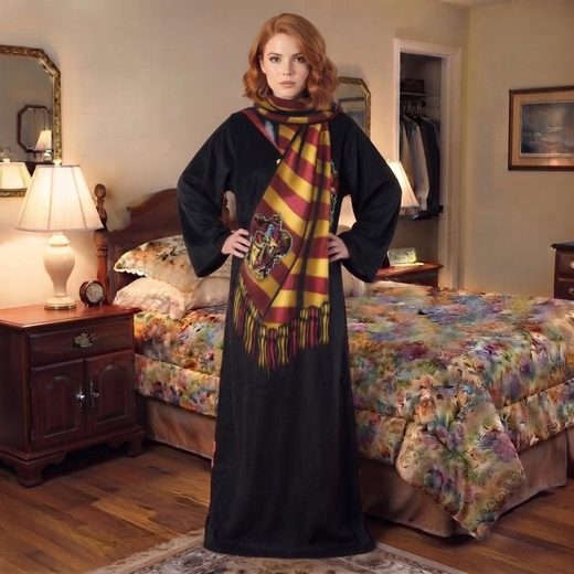 Full length black wearable blanket featuring a yellow and red Batman emblem design.