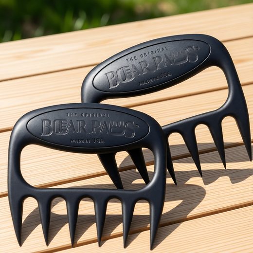 Pair of black bear paw meat shredders with claw grips resting on a light wooden surface.