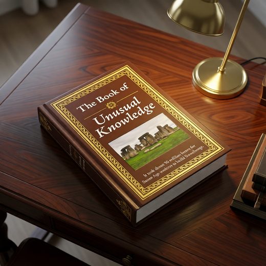 Gold-bordered hardcover book featuring ancient ruins and the title Unusual Knowledge resting on wood.