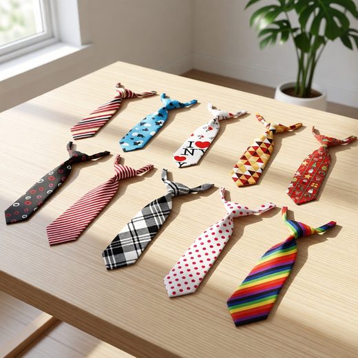 Assortment of colorful patterned dog neckties, including stripes and polka dots, on a wooden surface.