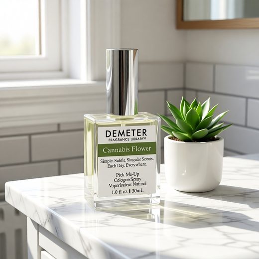 Demeter Cannabis Flower cologne bottle on a white marble surface next to a green succulent.