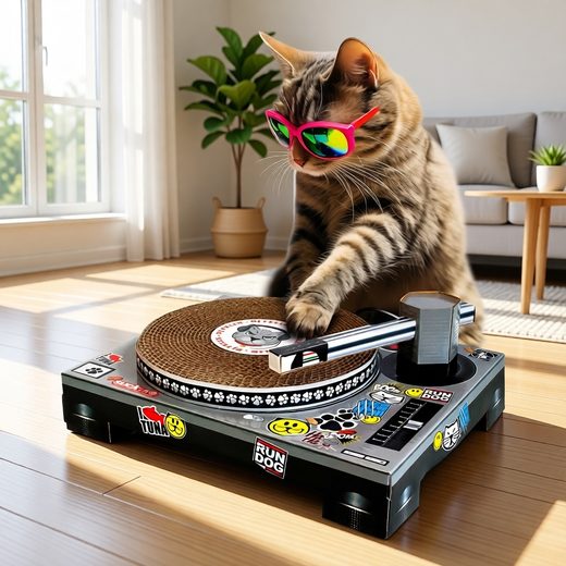 Striped cat in sunglasses next to a black cardboard DJ deck designed for scratching