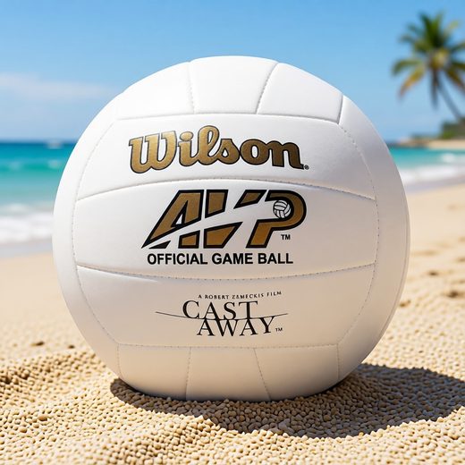 White Cast Away movie replica volleyball featuring Wilson branding on beach sand.