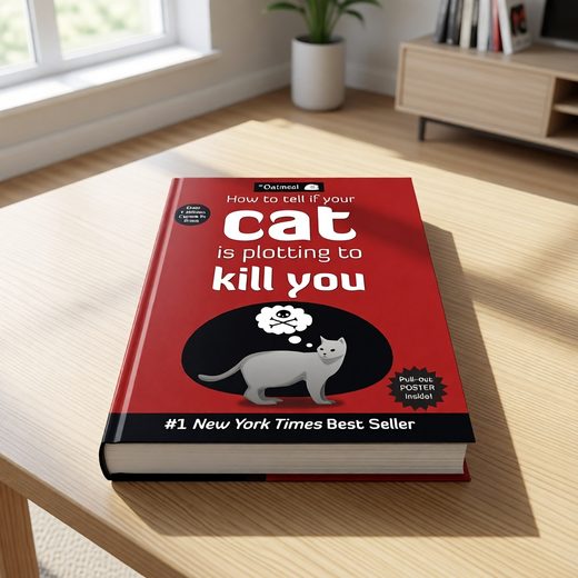 Red guidebook book cover showing a cat plotting with a skull thought bubble.