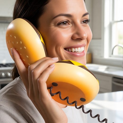 Novelty cheeseburger shaped corded landline phone held up by a smiling woman.