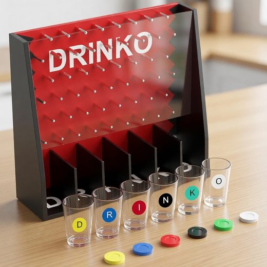 Chip dropping drinking game board featuring red pegs and several small shot glasses on a table.