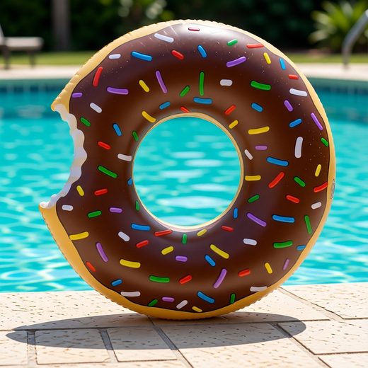 Oversized brown donut pool float covered in colorful sprinkles floating in a blue swimming pool.
