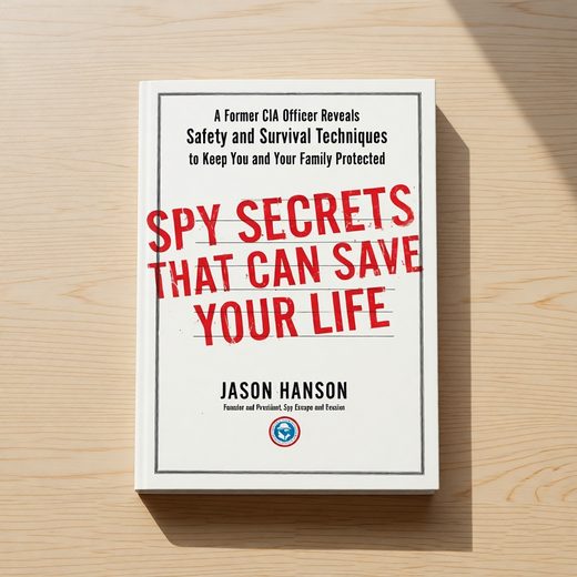 A white book titled Spy Secrets, detailing CIA survival and safety techniques.