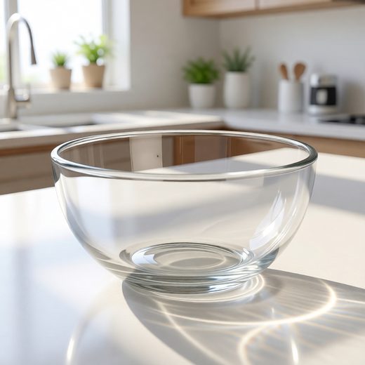 Transparent round glass bowl displayed on a bright modern kitchen countertop.