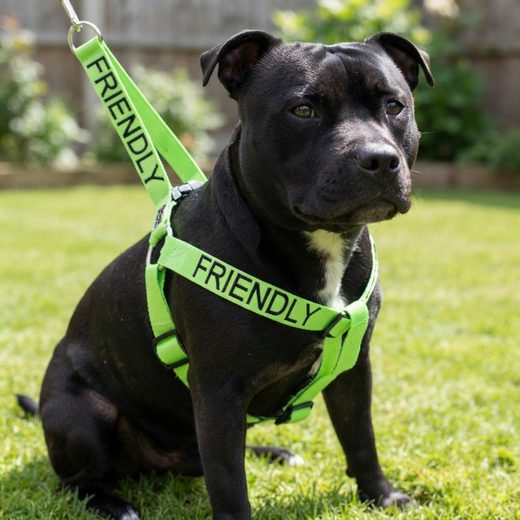 Dark dog sitting on green grass wearing a bright green harness labeled Friendly.