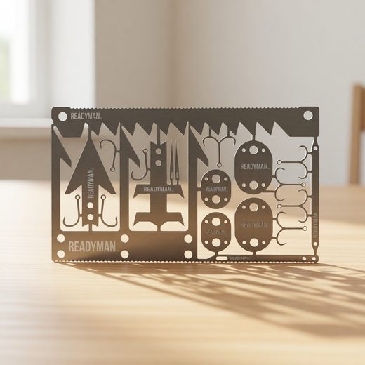 Flat, dark gray credit card survival kit engraved with various tactical tools and hooks.
