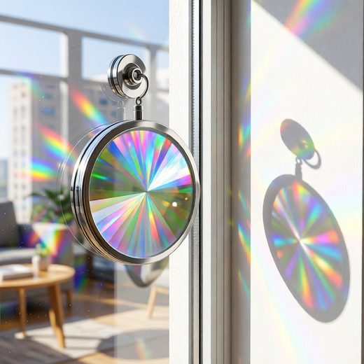 Hanging circular rainbow prism suncatcher projecting a vivid spectrum of light onto a window wall.