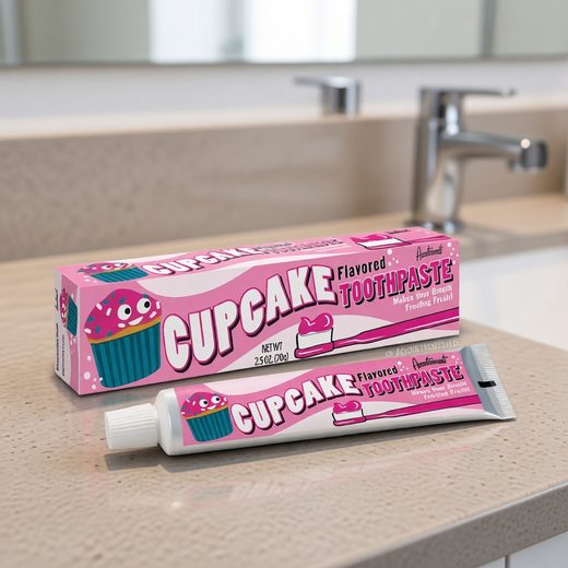Pink and white toothpaste tubes designed with a cupcake frosting pattern.