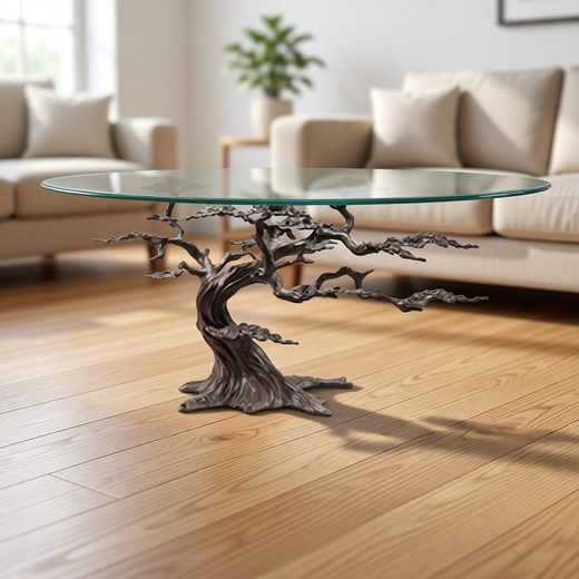 Modern living room coffee table featuring a dark, intricate tree root base and clear glass top.