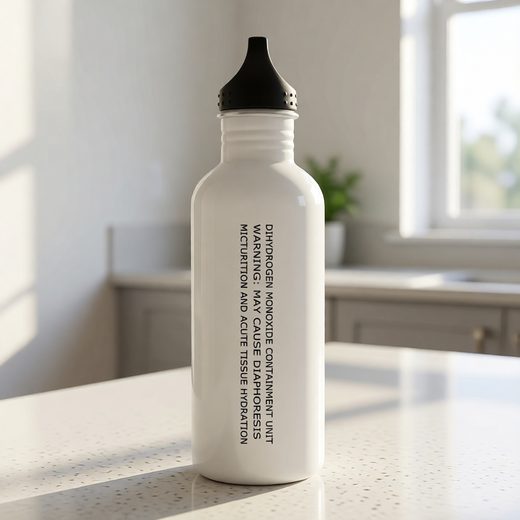 Opaque white flask with black scientific warning labels and a black cap resting on a countertop