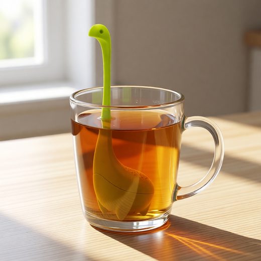 Green dinosaur tea infuser submerged in a glass mug of hot amber herbal tea.