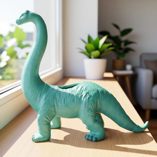 Teal dinosaur shaped planter pot sitting on a light wooden surface.