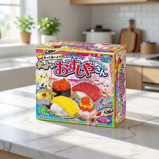 Brightly illustrated cardboard box containing a kit to make colorful gummy sushi.
