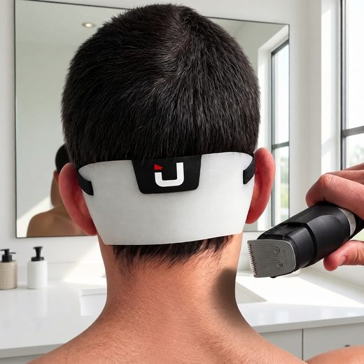 White neckline stencil guiding an electric trimmer on a man's neck for a sharp fade.
