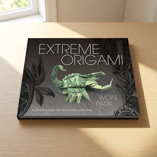 Extreme origami book cover showing a detailed green creature illustration on a black background.
