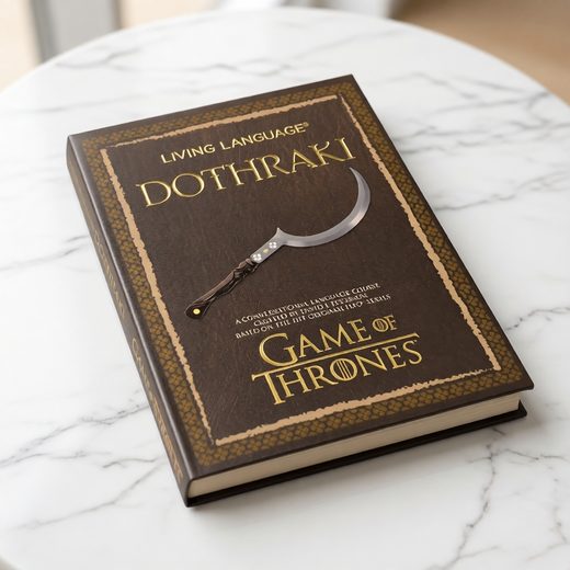 Dark brown Dothraki language course book featuring a silver curved sword graphic.