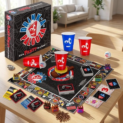 Chaotic drinking game board featuring red cups and game tokens spread out on a wooden table.