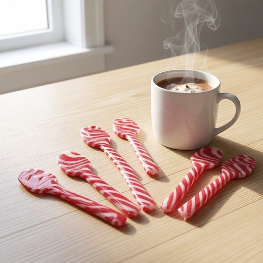 Striped candy cane spoons arranged around a white mug of hot cocoa on a wooden surface.