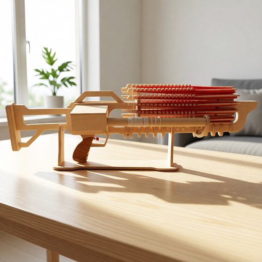 Wooden toy machine gun model featuring a magazine loaded with red rubber bands.