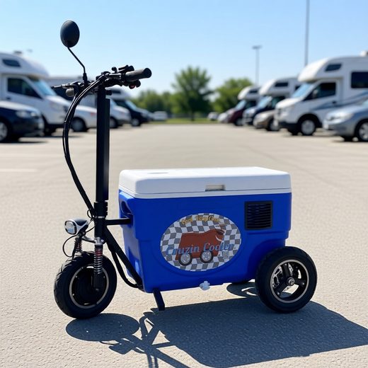 Compact electric scooter featuring a blue and white cooler box mounted on the rear.