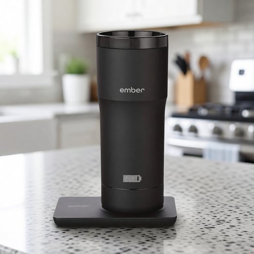 Sleek matte black smart travel mug with LED indicator on its charging base.