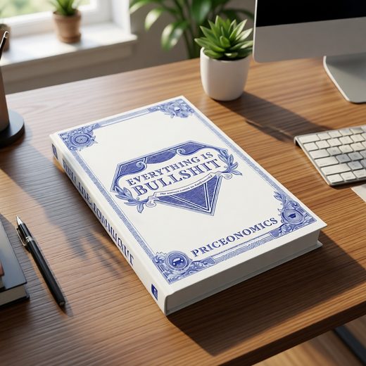 Blue and white hardcover book titled Everything Is Bullshit resting on a wooden office desk.