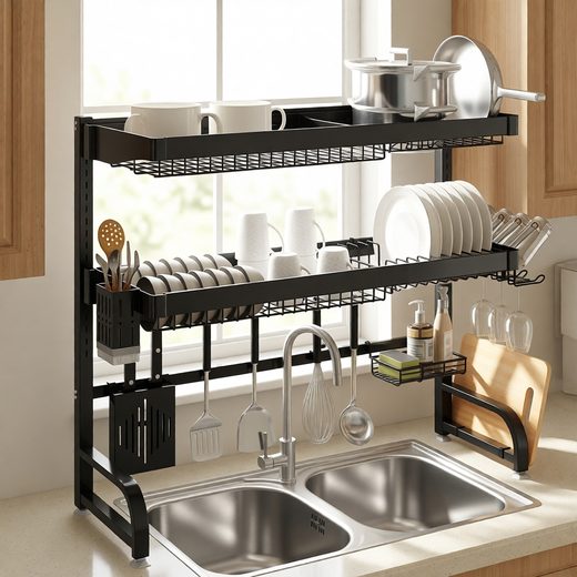 Three-tier matte black expandable rack drying plates and cookware over a kitchen sink.