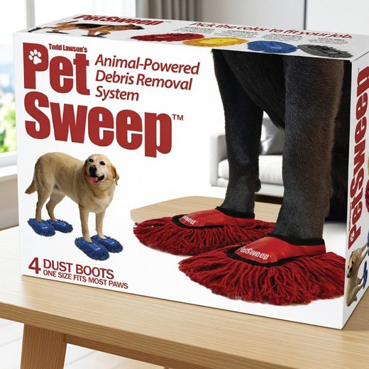 Large Pet Sweep box featuring a dog graphic, next to a person wearing red fuzzy animal boots.
