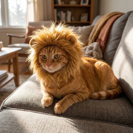 Fluffy orange cat wearing a lion mane hat, lounging comfortably on a neutral sofa.