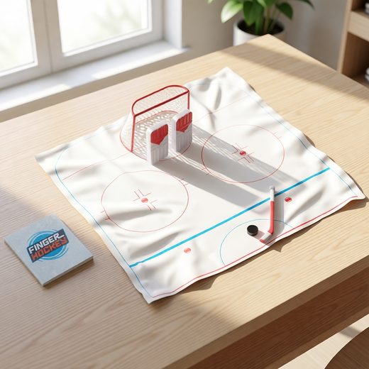 Finger hockey mini rulebook resting on a white mat with a printed rink and goal.