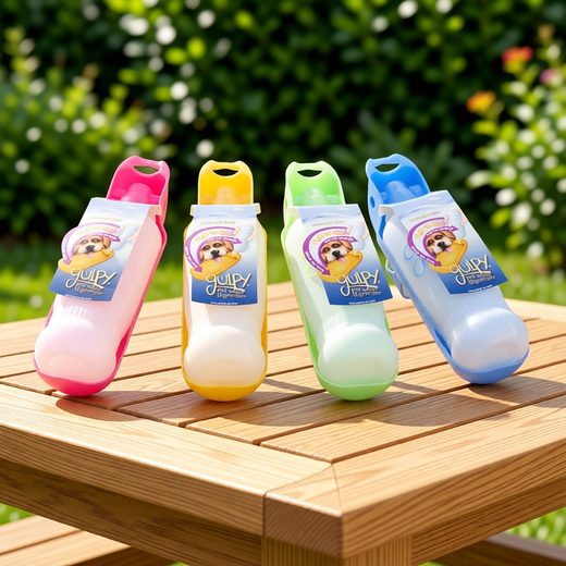 Set of four portable dog water bottles in pink, yellow, green, and blue hues.