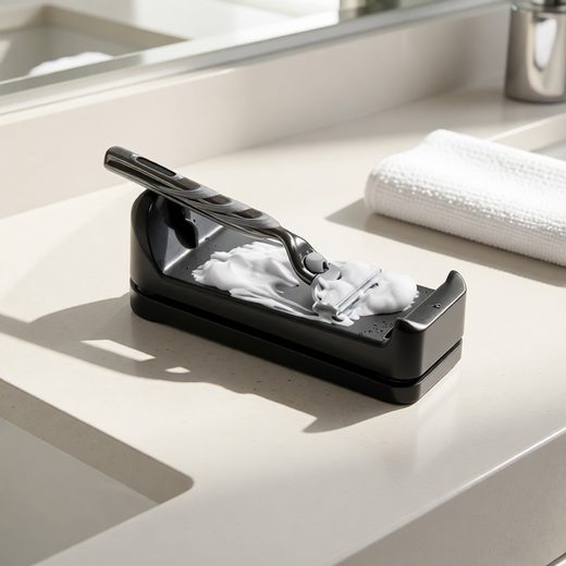 Black friction razor sharpener holding a blade surrounded by white shaving foam on a counter.
